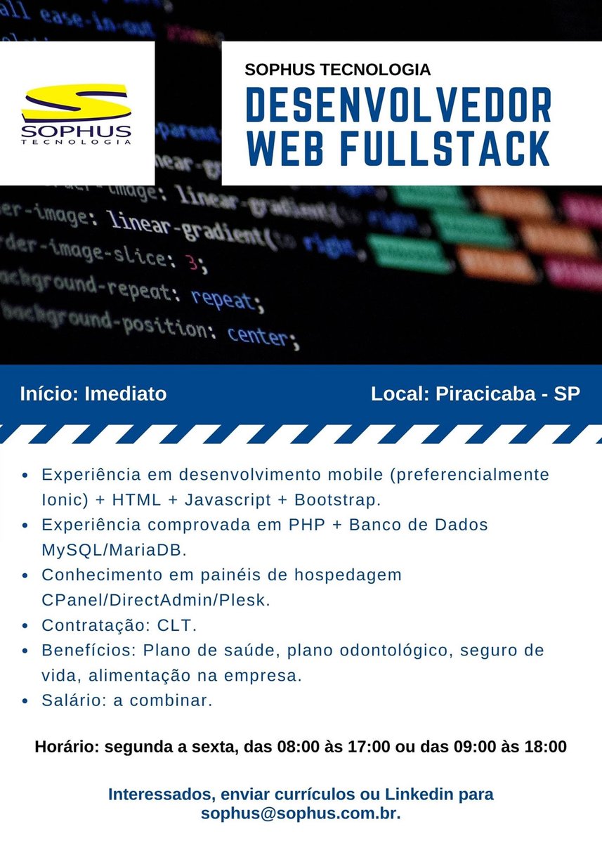 sophustec's tweet photo. Vaga: Desenvolvedor web fullstack https://t.co/4r3mFyiXdH