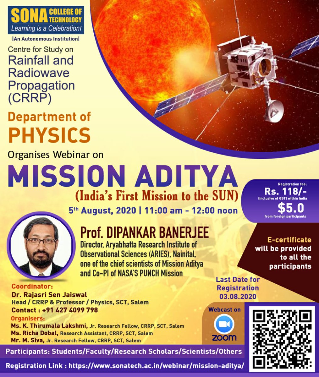 SonaResearch's tweet photo. Join us for a #Webinar on Mission #Aditya (India's First Mission to the Sun) conducted by Centre for Study on Rainfall and Radio wave Propagation, Dept. of Physics, @sonacollege, Salem, India .
For more info
https://t.co/ya2XAbtTe9
#sonacrrp #sonatech #rainfall #research https://t.co/W0A1FdUVMN