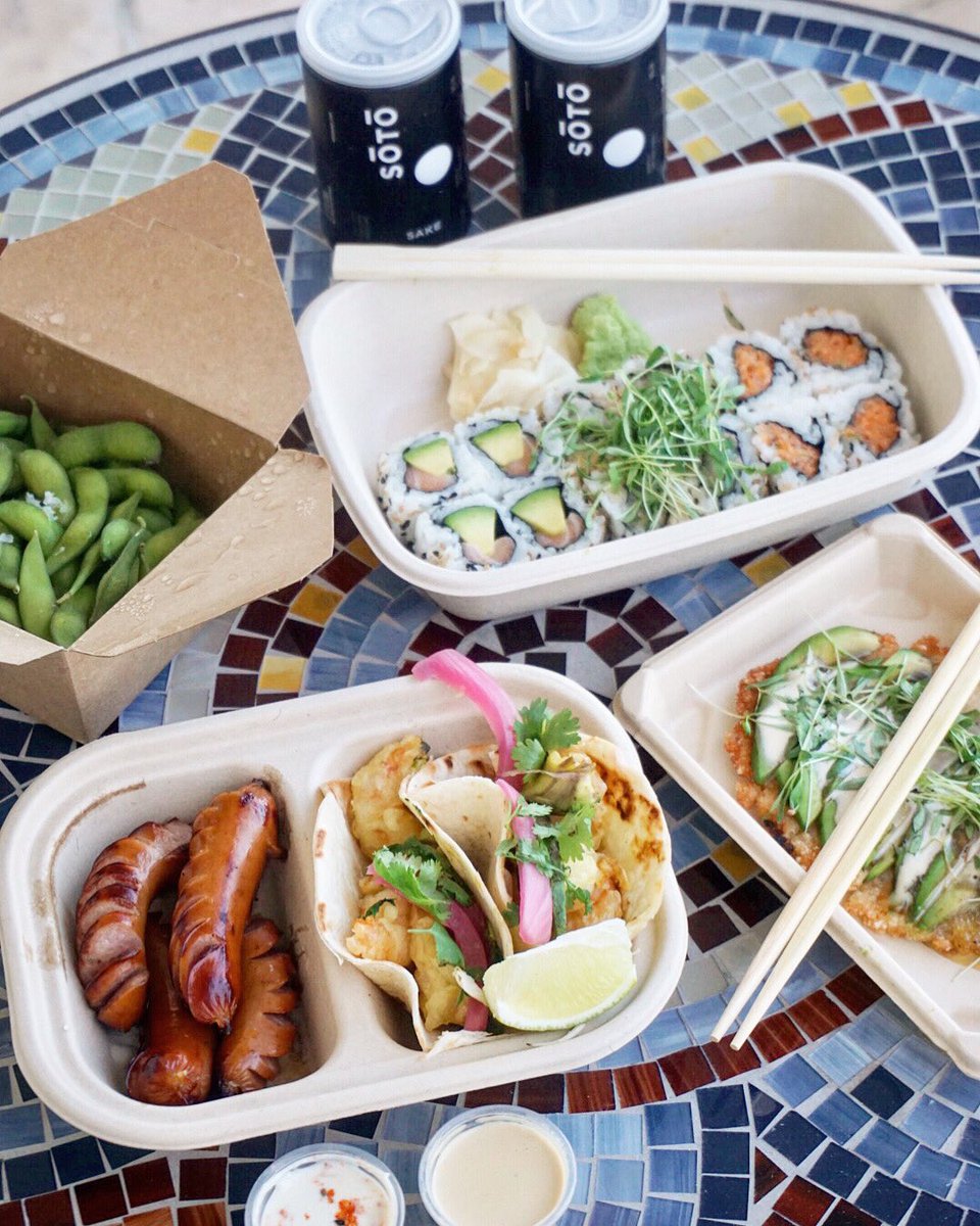 From the <a href="/sushigarage/">Sushi Garage</a> all the way to our backyard, this #happyhour haul delivers all the deliciousness! 🍣🍶🥢 #mmtm #sushidelivery #happyhourathome
