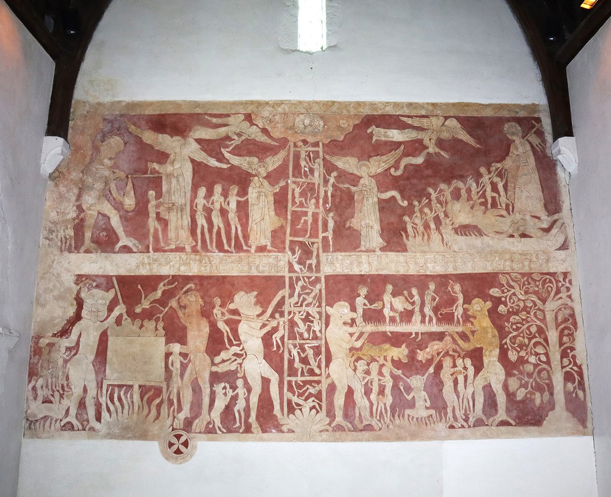 In 1869, the church rector, Rev. Henry Shepherd, was supervising the lime-washing of the interior walls when he noticed colour coming through, and immediately called for the work to stop. They uncovered this enormous fresco, whitewashed over at some point in the 17th century…