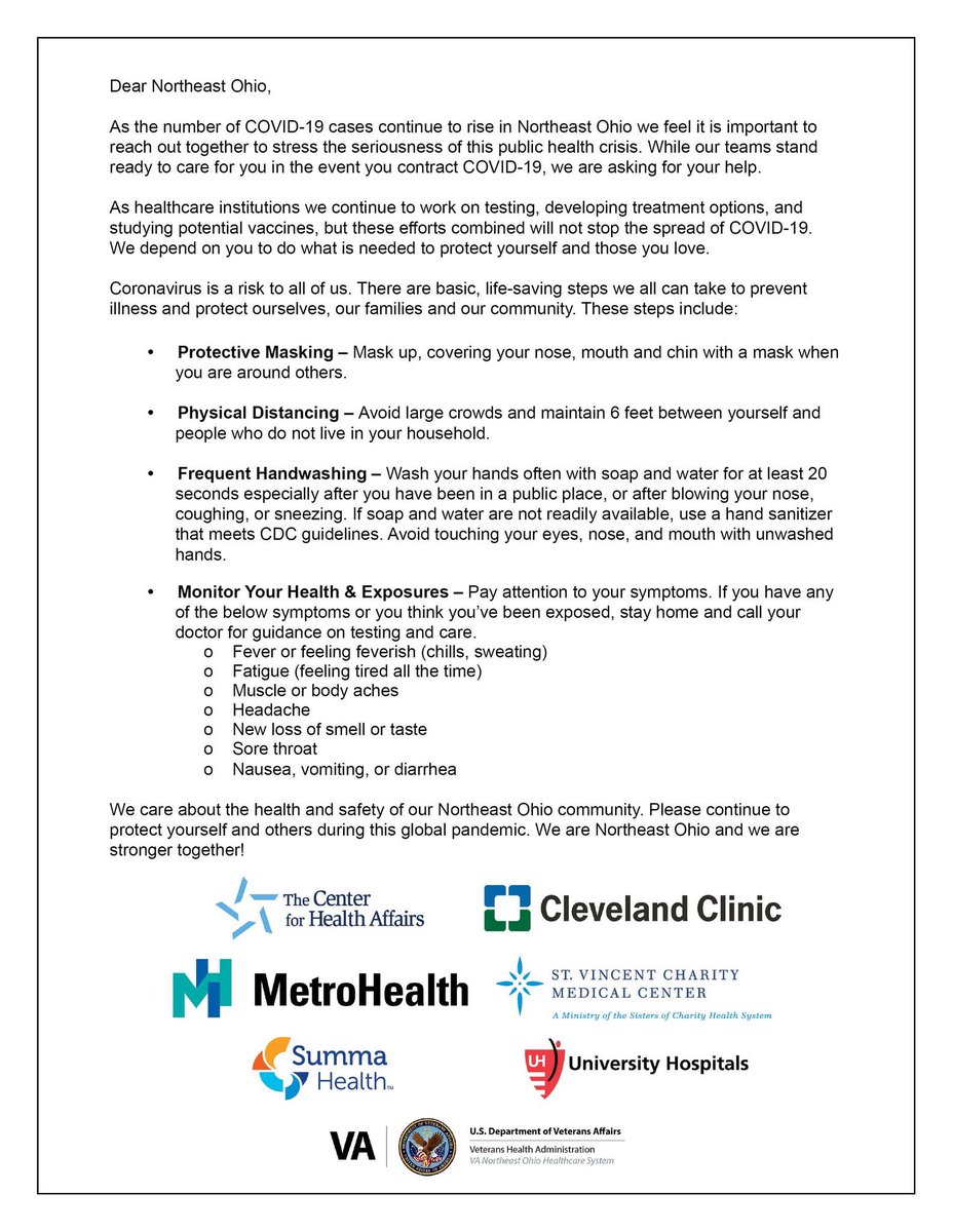We're in this together.

Please read this joint message from MetroHealth, @NEOHospitals, <a href="/ClevelandClinic/">Cleveland Clinic</a>, @StVincentCMC, <a href="/SummaHealth/">Summa Health</a>, <a href="/UHhospitals/">University Hospitals</a> and <a href="/ClevelandVAMC/">VA Northeast Ohio Healthcare System</a>.

And remember: Wear a mask, wash your hands and be kind to one another.