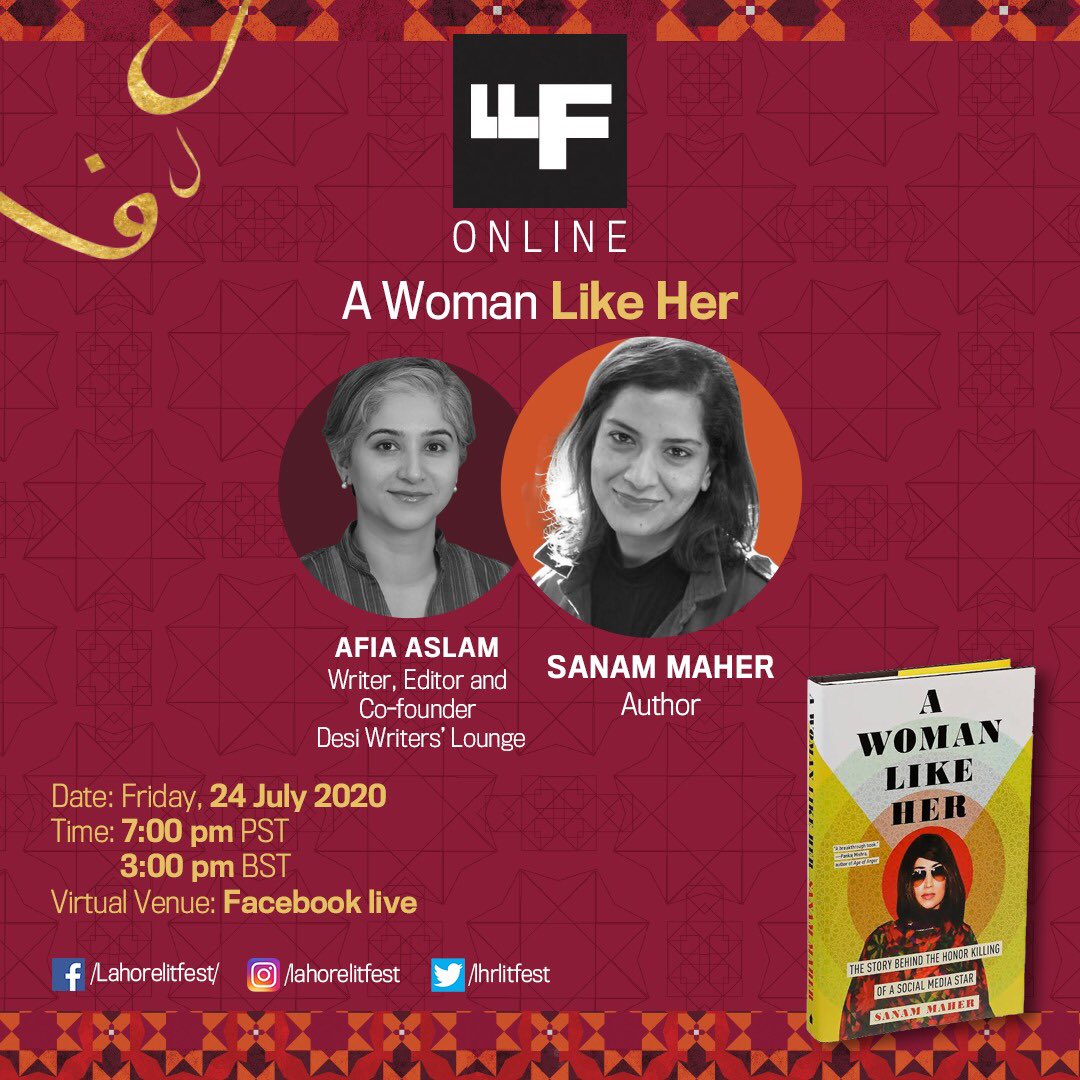 lhrlitfest's tweet photo. ⁦@SanamMKhi⁩ joins us this Friday (tomorrow) to talk to ⁦@AfiaAslam⁩ on this brilliant work, A Woman Like Her chronicling the life and murder of the one and only Qandeel Baloch. ⁦@BloomsburyBooks⁩ ⁦@soniafaleiro⁩ https://t.co/VNJoQvULbK