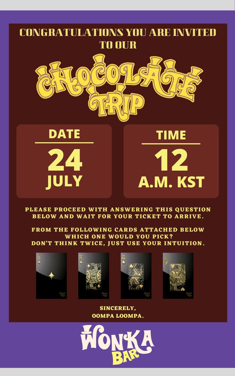 CHOCOTRlP's tweet photo. ⠀ 
𝗗𝗘𝗔𝗥 𝗣𝗘𝗢𝗣𝗟𝗘 𝗢𝗙 𝗧𝗛𝗘 𝗪𝗢𝗥𝗟𝗗,

I, Willy Wonka, have decided to invite you 𝗶𝗻 𝗮𝗻 𝗲𝘅𝗰𝗹𝘂𝘀𝗶𝘃𝗲 𝘁𝗵𝗿𝗲𝗲 𝗱𝗮𝘆𝘀 𝘁𝗿𝗶𝗽 to visit my factory.

You will be shown around personally by me, and will learn all the secrets and magic behind the door.
⠀
⠀ https://t.co/FpS70SUXSp