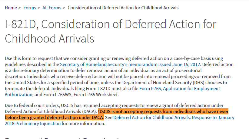 immlawACHall's tweet photo. 35 days after the Supreme Court said the DACA cancellation was unlawful.

6 days after a federal court in Maryland order restating the obvious: the SCOTUS decision means USCIS must accept initial applications.

USCIS's website: https://t.co/LLeAlYKH0F