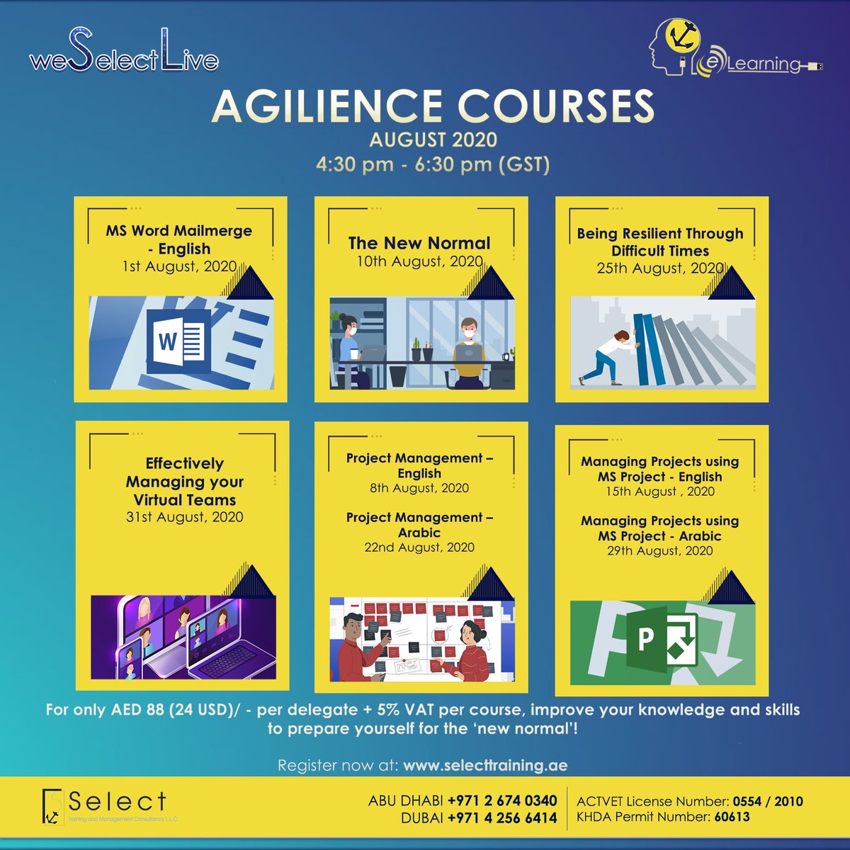 SelectTraining's tweet photo. Our ONLINE Agilience training course schedule for August! ✨
Registration 👉🏽 https://t.co/CB5pw9pHXo
YouTube Channel 👉🏽 https://t.co/9QXbmCjbKX
#selectselect #selecttraininguae #staysafe #onlinelearning #KSA #Oman #UAE #Kuwait #Qatar #GCC #virtualmeetings #StayHome https://t.co/LuH99Cz6bj