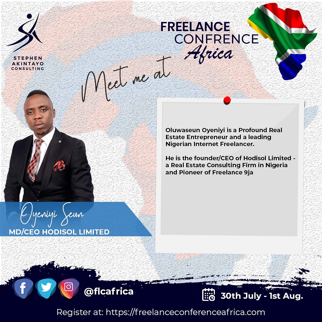 drsakintayo's tweet photo. @oluwaseun_oyeniyi is the former Head Sales & Marketing /I.T at Stockland Homes & Properties Limited and currently the M.D/C.E.O at Hodisol Limited. Lives in Lagos, Nigeria. He is the founder/CEO of Hodisol Limited - a Real Estate Consulting Firm in Nigeria.
#freelanceconference https://t.co/NP4CoAXXvx