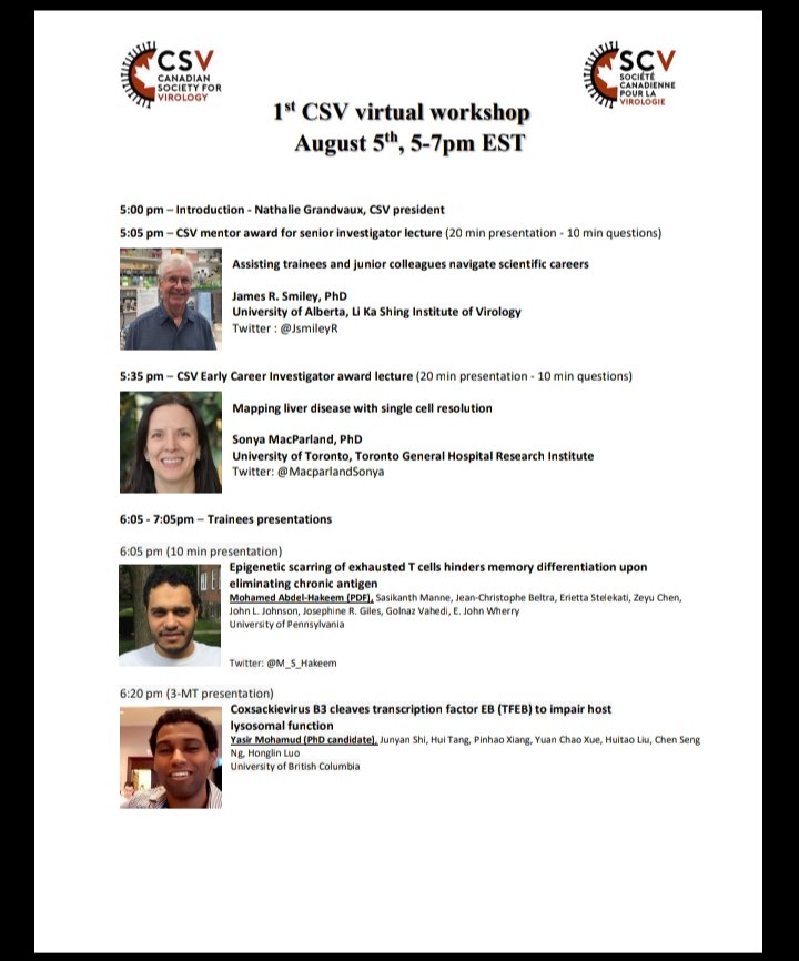 CanSocVirol's tweet photo. Excited to announce our shedule for the August 5th workshop! Our event opens with two talks from the CSV award winners which will lead into 6 trainee talks on their ground-breaking research. We can't wait to catch up with you 👨‍🔬👩‍🔬 https://t.co/NA0ykvOzxu