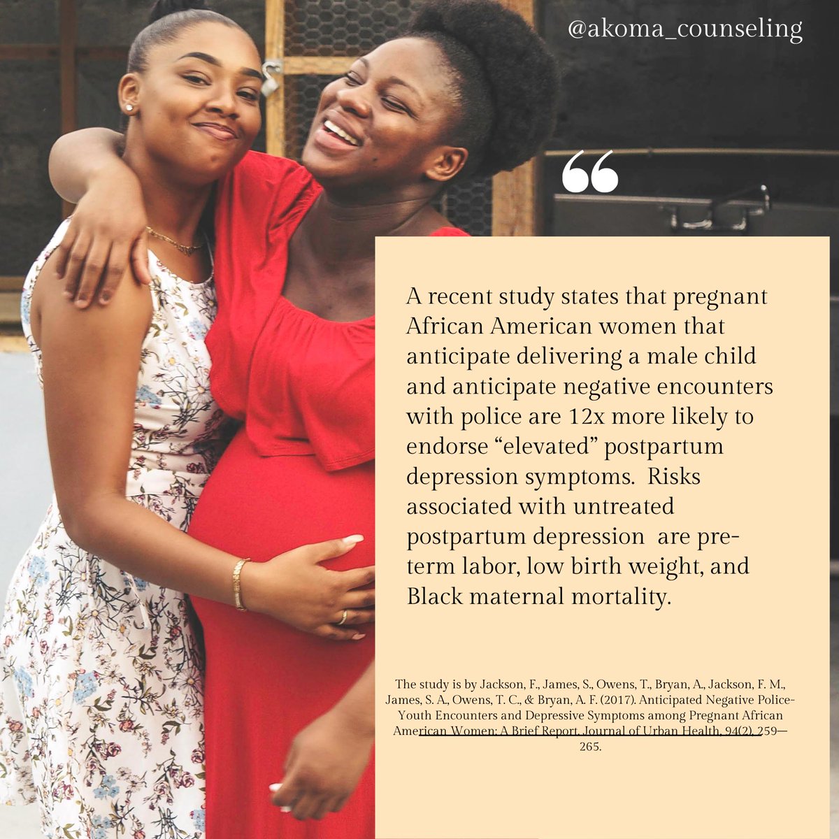 Pregnant Black women that anticipate delivering a male child & anticipate negative encounters w/ police are 12x more likely to endorse “elevated” #postpartumdepression (PPD) symptoms.  A Risk associated w/untreated PPD is maternal mortality. #blackmaternalmentalhealthweek