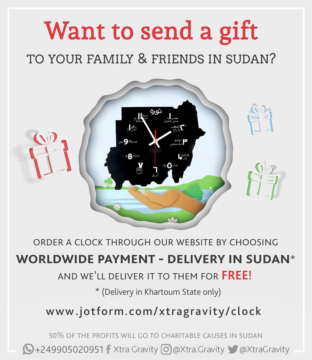 XtraGravity's tweet photo. Surprise your loved ones in Sudan with a revolution clock! 🎁 Buy from anywhere in the world &amp; have it delivered to them for free! 
50% of the profits will go to charitable causes in #Sudan
https://t.co/vCTFGMy9qr https://t.co/k2ufLN1Ax1