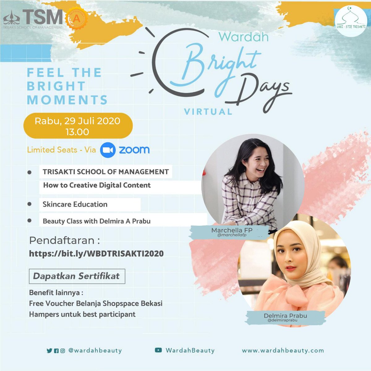 Daftarkan diri anda pada link dibawah ini: 
bit.ly/WBDTRISAKTI2020 
*Harap konfirmasi setelah mendaftar ke CP dibawah

Contact person:
Rani - 085157557919