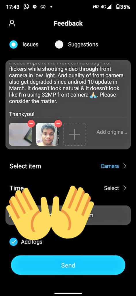 MantuBhattacha2's tweet photo. I have sent feedback form to @XiaomiIndia developers through my feedback form about front camera in #mia3. Hope so they reply 😀 and consider the matter. It's very serious concern. Front camera bug need to be improved.
@MiIndiaSupport. Anyone can send through their own device. https://t.co/TeAxmWu2eQ