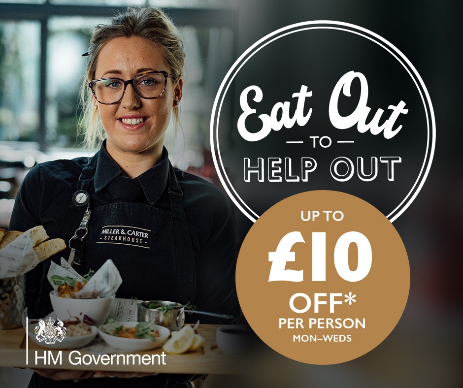 MillerandCarter's tweet photo. We're delighted to announce that we're part of the Government's Eat Out to Help Out scheme - meaning you can get 50% off food &amp; soft drinks up to £10 per person Monday-Wednesday throughout August*. Book now to secure your slot to dine with us: https://t.co/aJhCHb3YRN

*T&amp;Cs apply https://t.co/2wJkn4CRjm