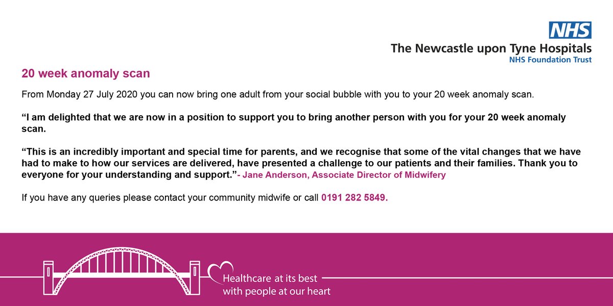 NewcastleHosps's tweet photo. If you are due to come in for your 20 week anomaly scan, our maternity services have some good news. From Monday (27 July), you will be able to bring along one adult to accompany you to your appointment. https://t.co/F4prnXVVTH https://t.co/l3plwPZsJY