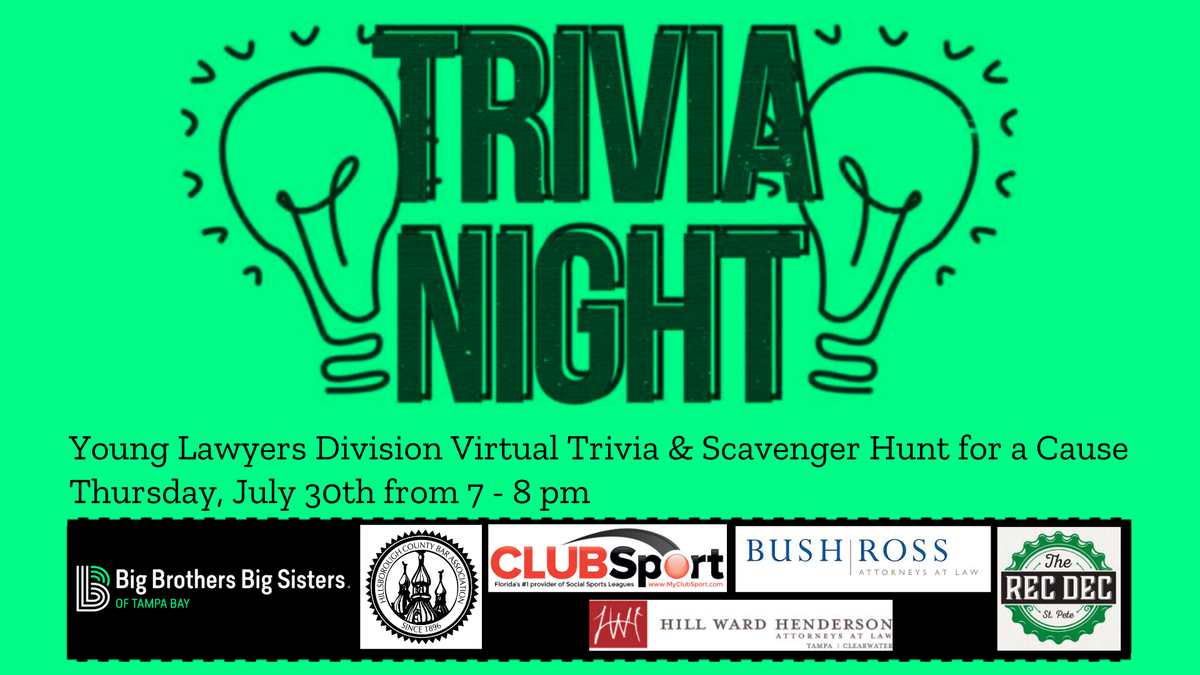 BBBS_TampaBay's tweet photo. @HCBATampaBay Young Lawyers Division's Virtual #Trivia for BBBS Tampa Bay is next Thursday, July 30th! Make sure you register and get your 3 free beers and #BBBSTB t-shirt ๐ป #EmpowerPotential
Sign up ยป https://t.co/uXSomVnuW5 https://t.co/3ASTcLXMU7