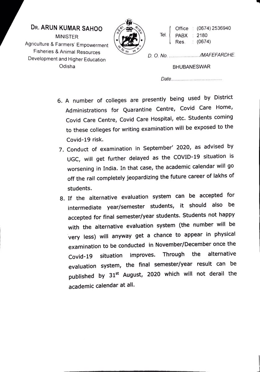 ANI's tweet photo. Arun Sahoo, Odisha Higher Education Minister writes to Union HRD Minister Ramesh Pokhriyal requesting, "not to make it mandatory to conduct final term examinations of UG/PG in wake of #COVID19." https://t.co/OusTMdFRBJ