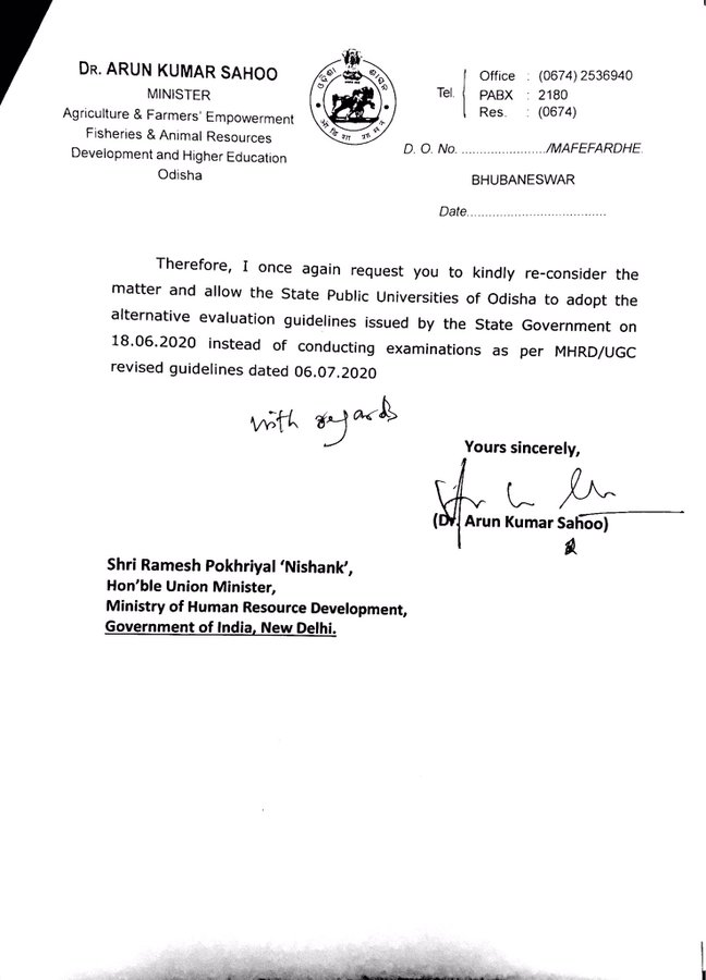 ANI's tweet photo. Arun Sahoo, Odisha Higher Education Minister writes to Union HRD Minister Ramesh Pokhriyal requesting, "not to make it mandatory to conduct final term examinations of UG/PG in wake of #COVID19." https://t.co/OusTMdFRBJ