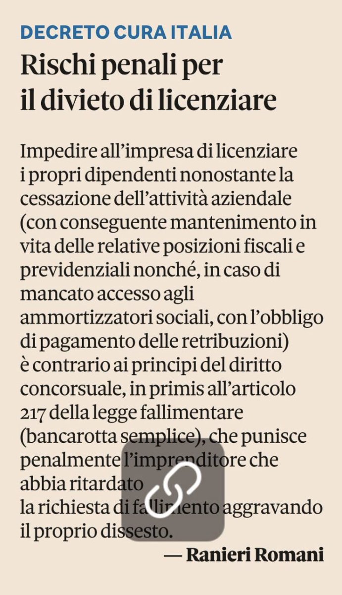 La #cessazione dell’attività deve poter giustificare il #licenziamento. Altrimenti il datore di lavoro rischia anche la #bancarotta semplice ex art. 217 #LeggeFallimentare.
Ne ho parlato su Il <a href="/sole24ore/">IlSole24ORE</a> di ieri.
