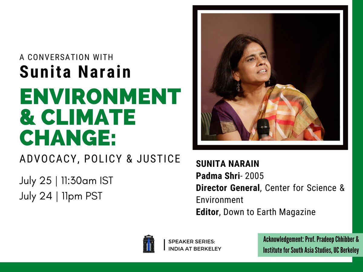Berkeley1India's tweet photo. ‘Be a part of the solution, not the pollution!’ 
Honoured to be hosting @sunitanar the Director General of @CSEINDIA and editor of @down2earthindia this weekend! Join us this Saturday (July 25) at 11:30AM IST. Register here: https://t.co/hyfz6GrUiO https://t.co/1S7sx6awOi
