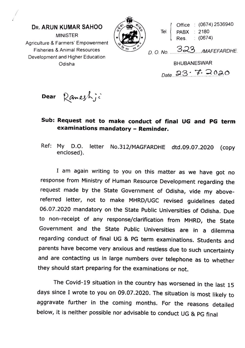 ANI's tweet photo. Arun Sahoo, Odisha Higher Education Minister writes to Union HRD Minister Ramesh Pokhriyal requesting, "not to make it mandatory to conduct final term examinations of UG/PG in wake of #COVID19." https://t.co/OusTMdFRBJ
