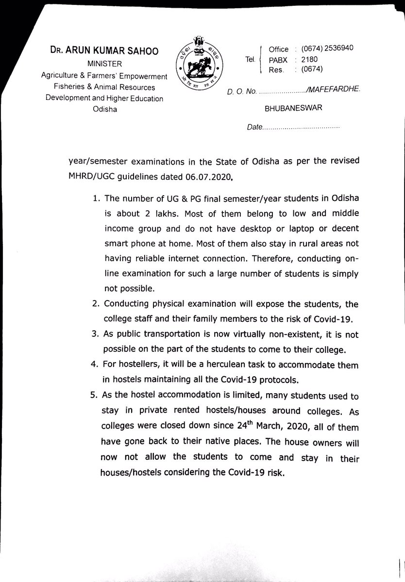 ANI's tweet photo. Arun Sahoo, Odisha Higher Education Minister writes to Union HRD Minister Ramesh Pokhriyal requesting, "not to make it mandatory to conduct final term examinations of UG/PG in wake of #COVID19." https://t.co/OusTMdFRBJ
