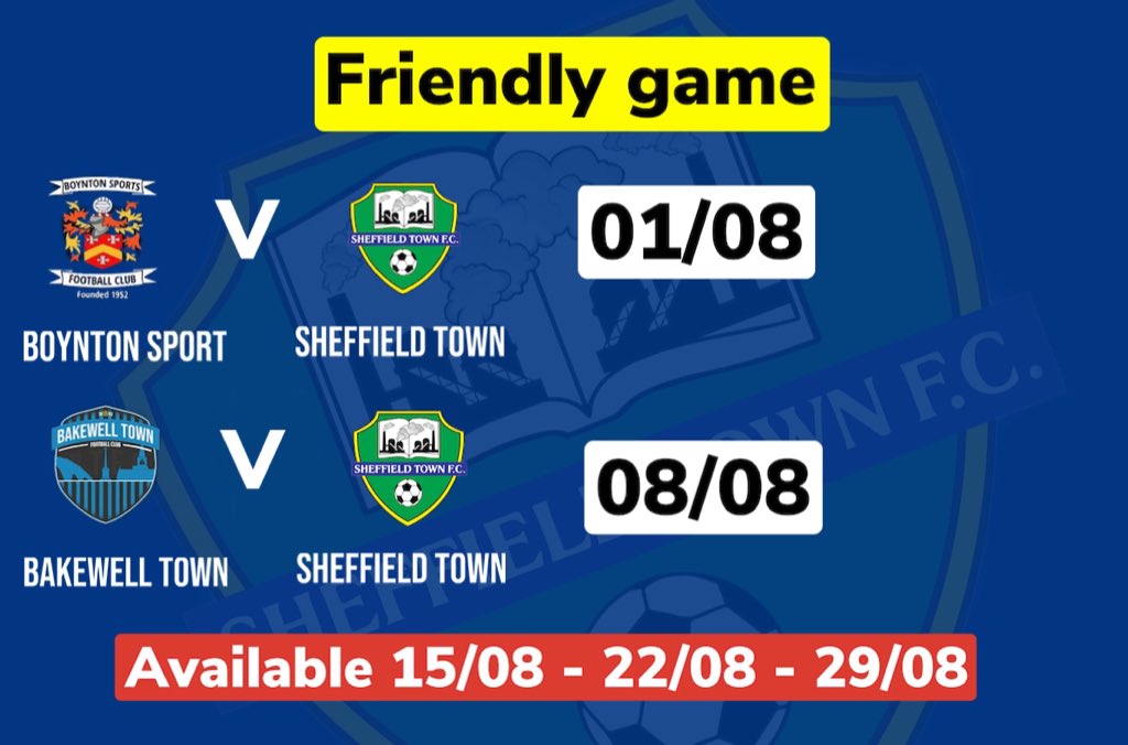 SheffieldTownFC's tweet photo. 2 friendly games has been confirmed for our first team.
We are still looking to play more friendly games if you are interested please contact us.
#STFC #WeareSheffield https://t.co/Xakl7amIdX