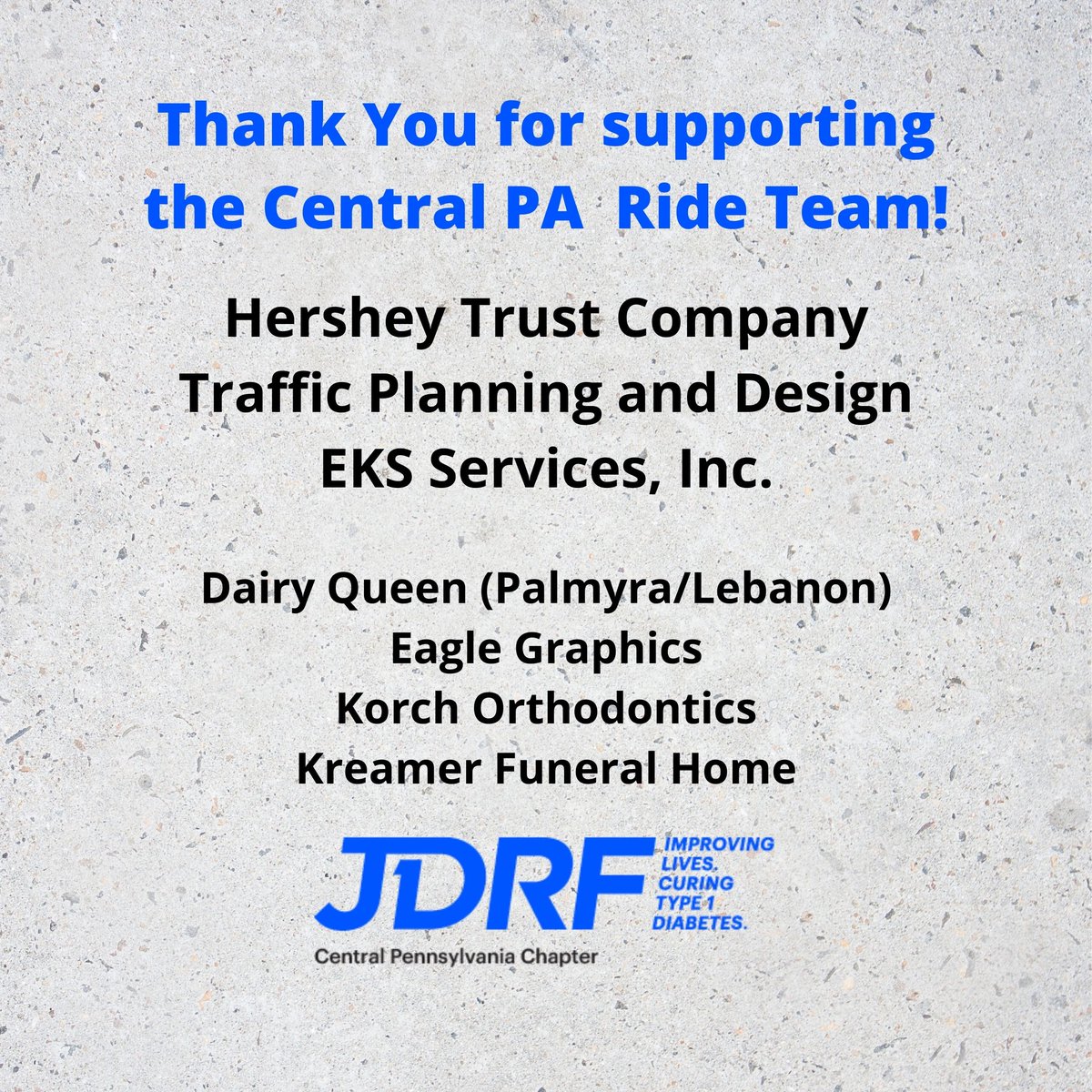 JDRFCentralPA's tweet photo. THANK YOU to these generous supporters of the JDRF Central PA Ride team!

We would love to have YOU join us for the JDRF My Ride to Cure Diabetes this year! Learn more about how you can participate virtually here: https://t.co/dvTJndry9W

#JDRFMyRide #JDRFCentralPA 🚲💙 https://t.co/eSLsgoAyMg