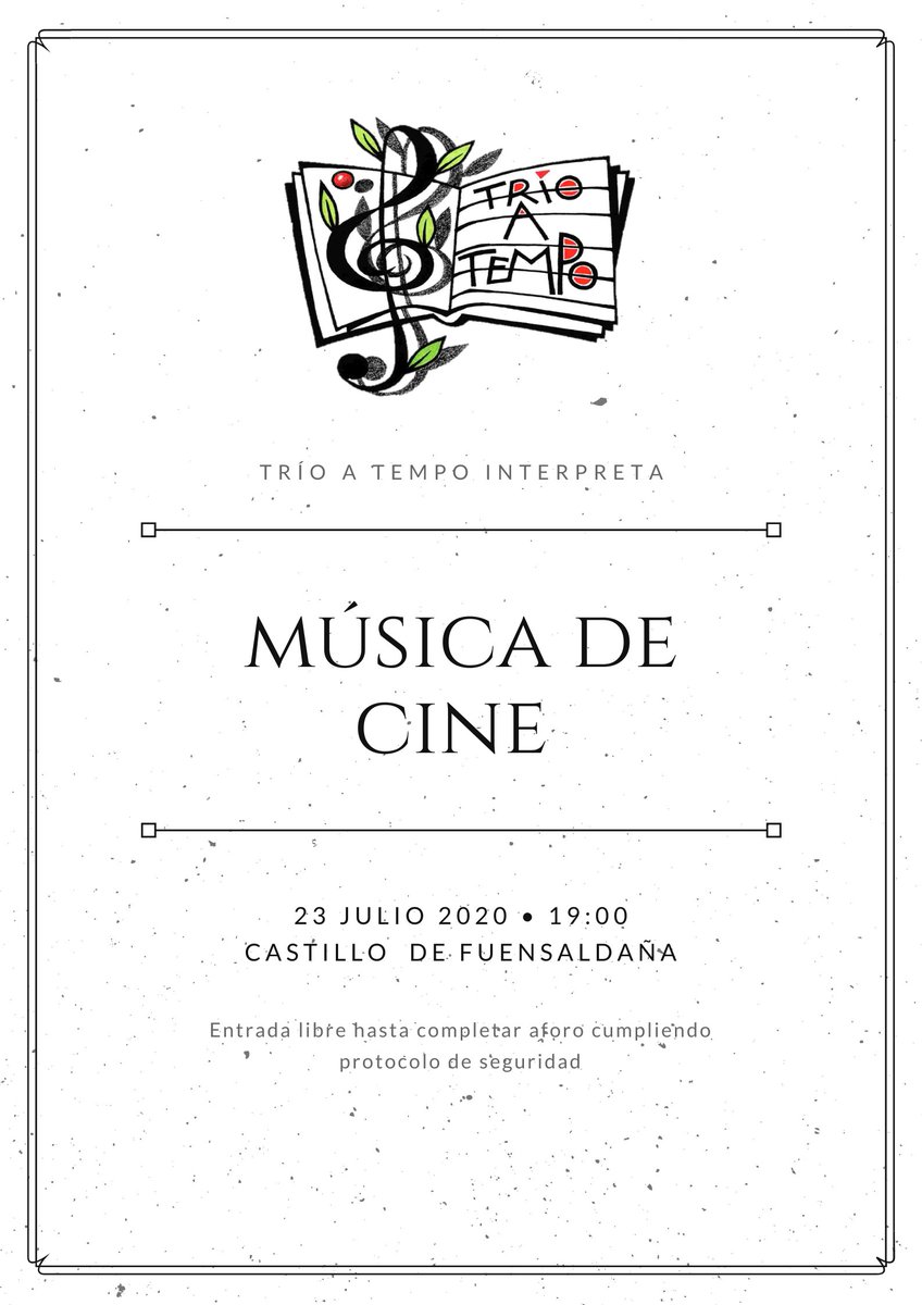 TrioATempo's tweet photo. Hoy tocamos nuestro concierto basado en la mejor música de cine bajo la sombra del castillo de @AytoFuensaldana a las 19h. ¡No os lo podéis perder! https://t.co/Xzw0ZX2VGI