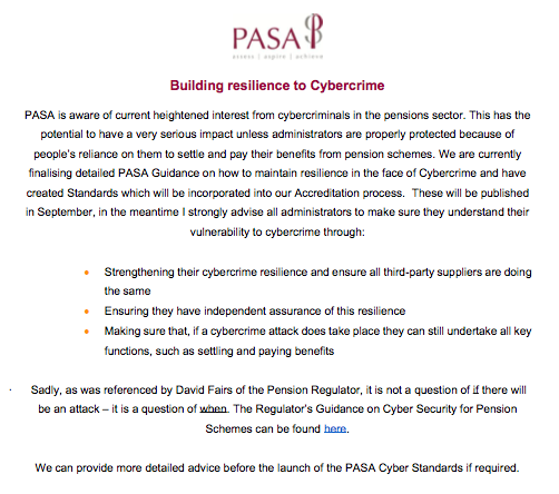 David Fairs of <a href="/TPRgovuk/">ThePensionsRegulator</a> says, it's not a question of if there will be an attack but when. PASA is finalising Guidance &amp; Standards on maintaining #resilience in the face of #CyberCrime for September release.
#cybersecurity #hacking #security #datasecurity #cybersecurityawareness