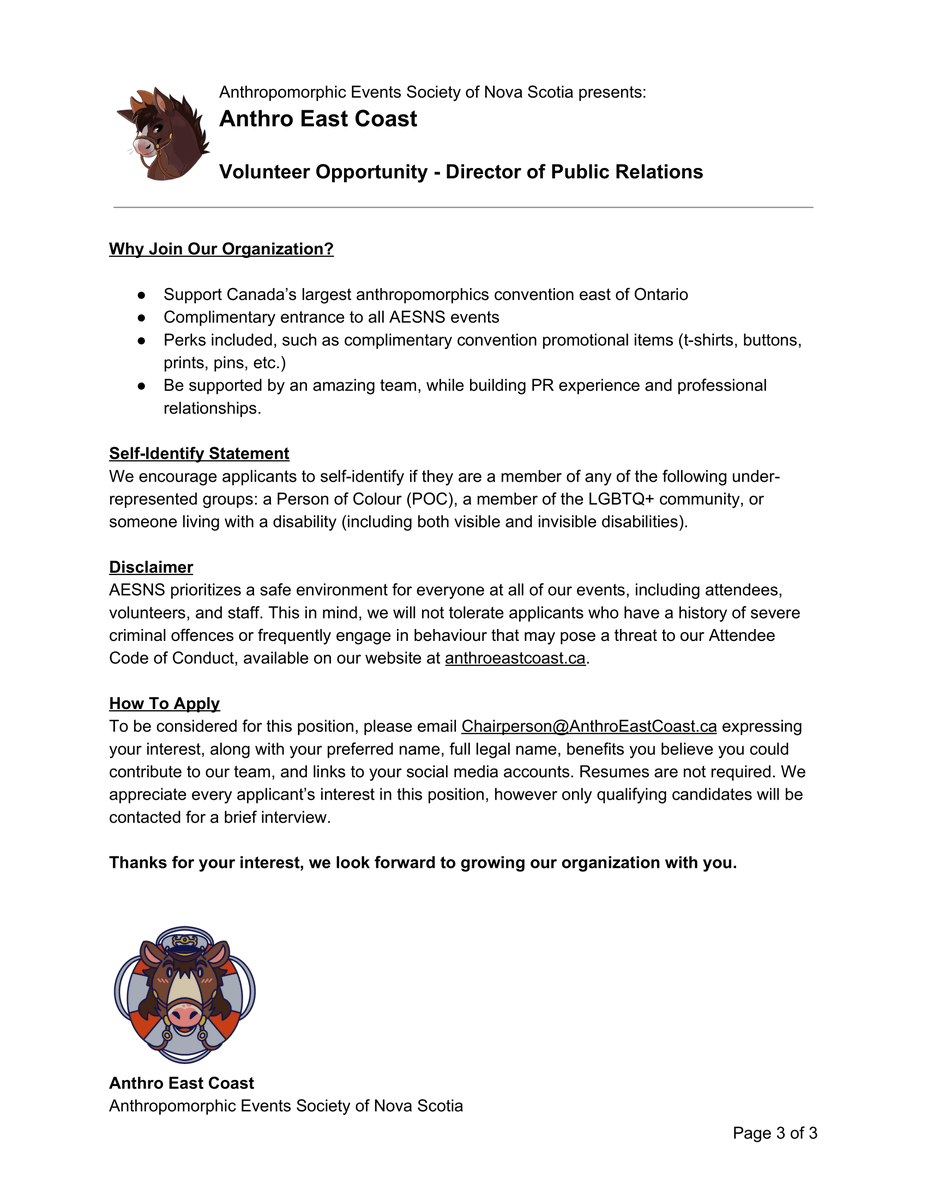 ⭐STAFF POSITION OPPORTUNITY⭐
Interested in volunteering along an amazing, diverse team? Want to help contribute to the largest furry convention east of Ottawa? Click to find out how you could become our new Director of Public Relations! ❤️