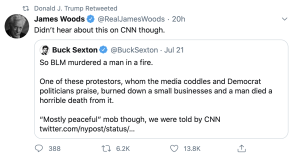 Trump this morning retweeted James Woods yet again. As pointed out multiple times before, Woods has tweeted multiple screenshots of "Q" posts, amplified QAnon content, & has also pushed Pizzagate.