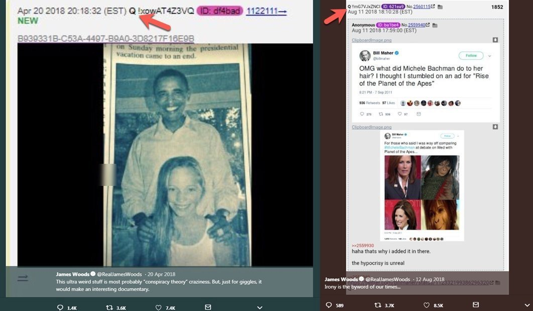 Trump this morning retweeted James Woods yet again. As pointed out multiple times before, Woods has tweeted multiple screenshots of "Q" posts, amplified QAnon content, & has also pushed Pizzagate.