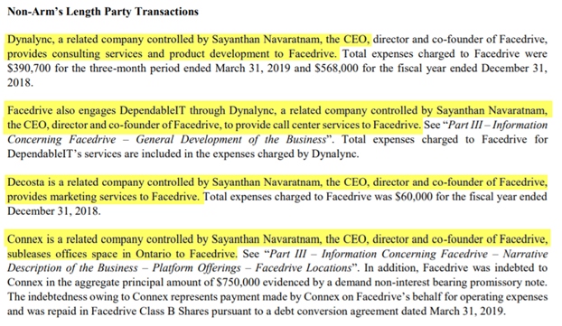 Additionally, the company has engaged in multiple related party transactions. Its 2019 filing statement detailed paying 4 entities controlled by its CEO, representing approximately 24% of its 2019 operating expenses.  $FD.V