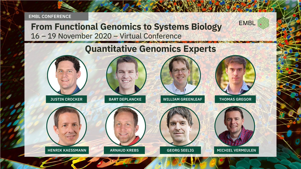 EMBLEvents's tweet photo. Get insights on #QuantitativeGenomics from these experts. #EMBLOmics (2/6)
@JustinMCrocker, @embl
@BartDeplancke, @EPFL_en
@WJGreenleaf, @Stanford
@gregorscience, @Princeton
@kaessmannlab, @UniHeidelberg
@arnaud_kr, @embl
@seeliglab, @UW
@LabVermeulen, @Radboud_Uni https://t.co/rWzvuxb3W3