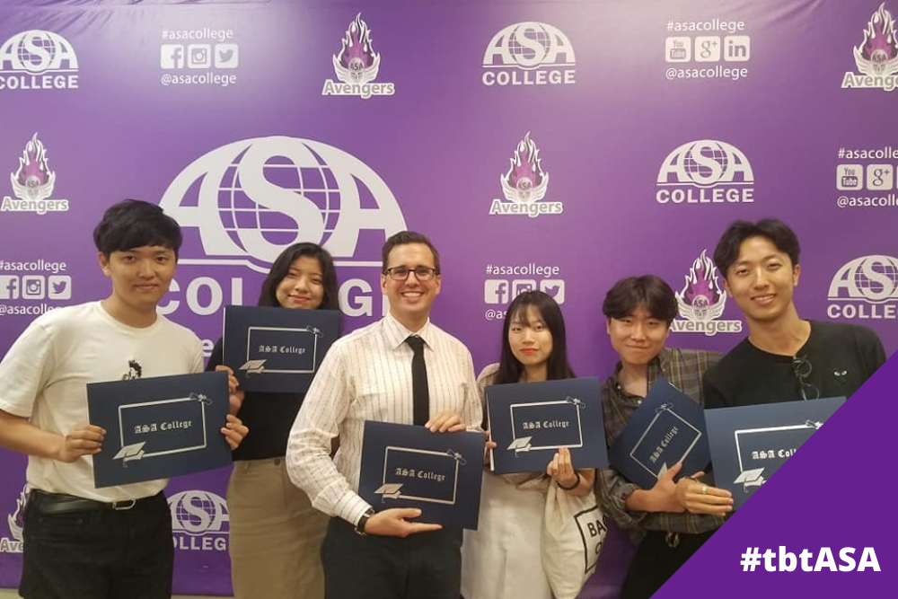 asacollege's tweet photo. Our #tbtASA today takes it back to a brilliant group of Korean study abroad students receiving their certificates from Christian Perticone, our Intensive English Preparation (IEP) Programs Director. #tbt #English #LearnEnglish #cometoasa #asacollege #TheCollegeofChoice https://t.co/d2hYqGMU2s