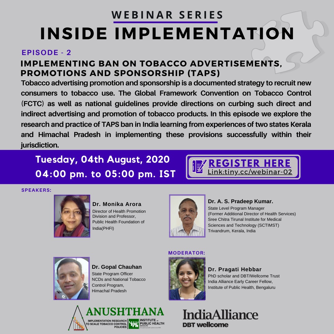 iphindia's tweet photo. Join us for EP:2 of #InsideImplementation w/ @DrMonikaArora, Dr. Pradeep Kumar, & Dr. Gopal Chauhan on Tobacco #Advertising #Promotion & #Sponsorship (TAPS)
Register here: https://t.co/Xt6o3h2lIU
@dr_hebbar #TobaccoControlPolicies #implementation #Anushthana #COTPA #IPH #India https://t.co/Hy3uIIHD9S