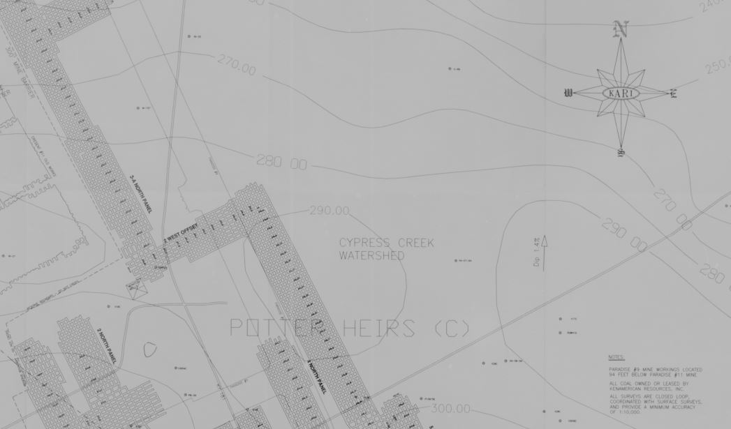 minemaps's tweet photo. Doc# 383171, a #bituminous #coal #minemap from Muhlenberg County, #Kentucky.  Showing the #watershed &amp; #NorthArrow.  From 1998. #50YearsofMapping https://t.co/6fhfQODLuM