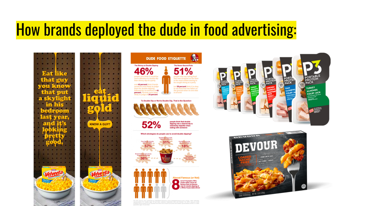 {12} Nevertheless, brands deployed the dude in food advertising, selling products like Velveeta Shells & Cheese, KFC, P3 protein snacks (i.e. masculinized Lunchables), and Devour frozen meals. But I’m interested in branding that is a step more complicated…  #foodstudies20