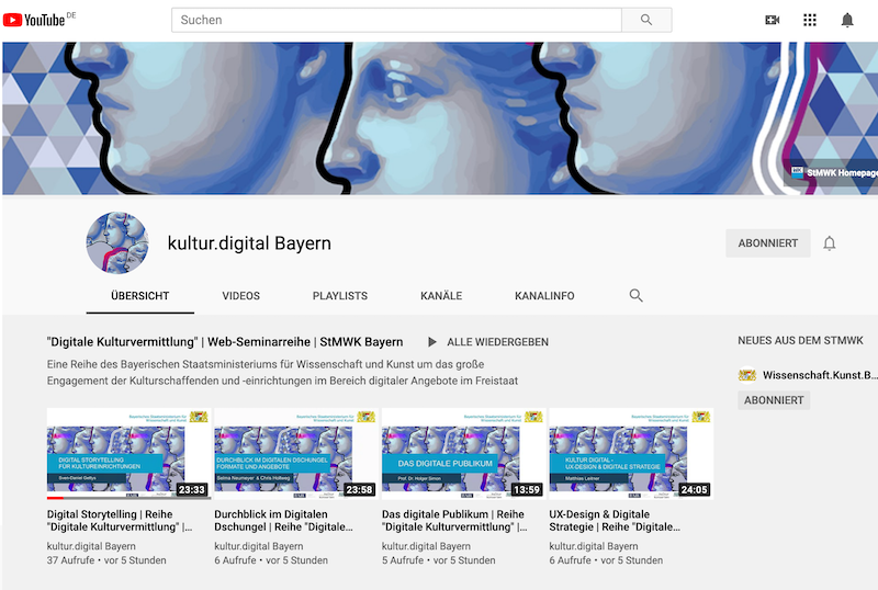 kulturkonsorten's tweet photo. Digitale #Kulturvermittlung – die aktuelle Web-Seminarreihe des Bayerischen Staatsministerium für Wissenschaft und Kunst hat jetzt einen YouTube-Kanal und dokumentiert dort alle Veranstaltungen https://t.co/x48m7IEtED #DigSMus #DigiKV #Digitalisierung https://t.co/zSByk5DMSo