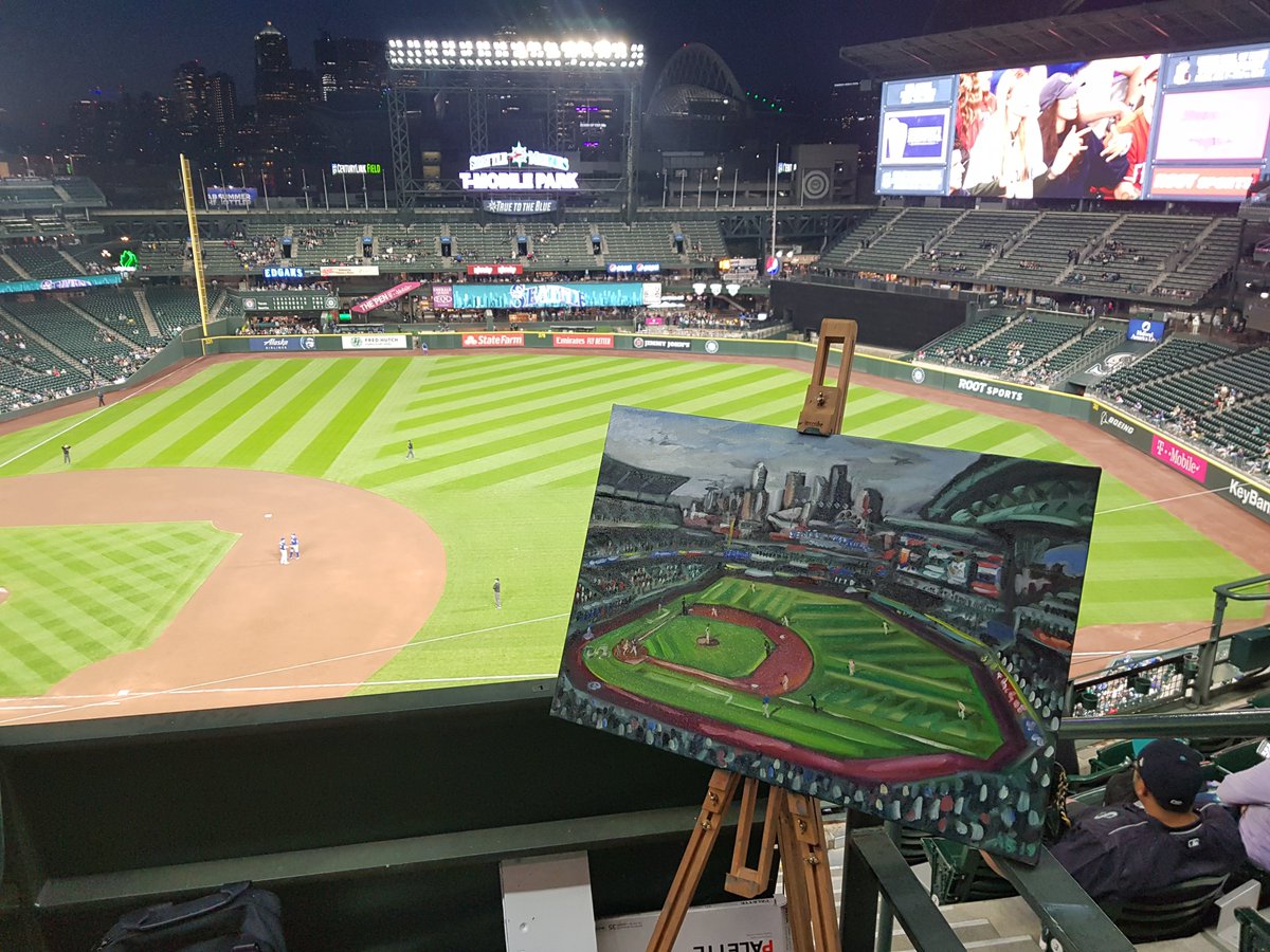 19/07/23MLB Ballpark 7/30T Mobile Park  @Mariners vs  @RangersFantastically enclosed, next to the docks, and downtown Seattle behind. With it’s retractable roof and girder frames the city, docks and ballpark blend into one.  #MLB  #DiamondsOnCanvas  #AndyBrown