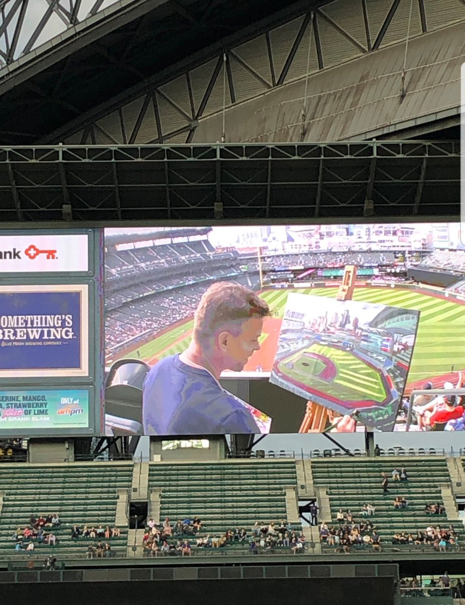 19/07/23MLB Ballpark 7/30T Mobile Park  @Mariners vs  @RangersFantastically enclosed, next to the docks, and downtown Seattle behind. With it’s retractable roof and girder frames the city, docks and ballpark blend into one.  #MLB  #DiamondsOnCanvas  #AndyBrown