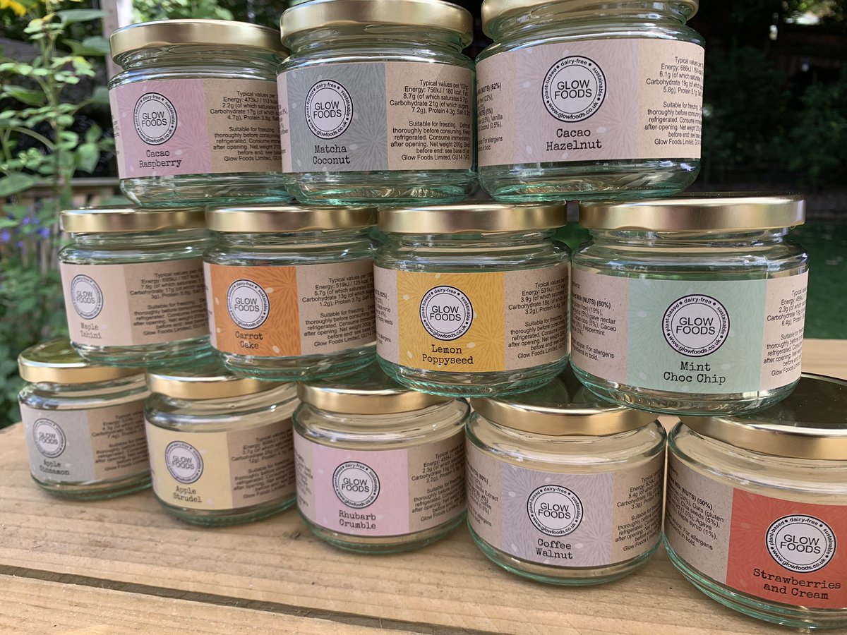 theglowfoodies's tweet photo. Loving our new jar labels! Made from recycled paper, vegan ink and vegan adhesive. We now have 13 delicious flavours of breakfast oats- made from wholefoods, dairy free and no refined sugar! #vegan #noplastic #sustainable #wholefoods #breakfastjars #glowfoods #dairyfree https://t.co/zpHsD5Mlx1