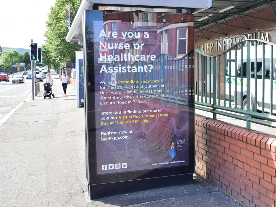 PMLGroupNI's tweet photo. #JobFairy @kingsbridgehosp is recruiting for nursing and healthcare assistant roles. There's a virtual recruitment open day on 28th July. #RecruitmentAdvertising #OOH #ProximityTargeting @adhausmedia @ClearChannelNI https://t.co/cmvgWxJ2q5
