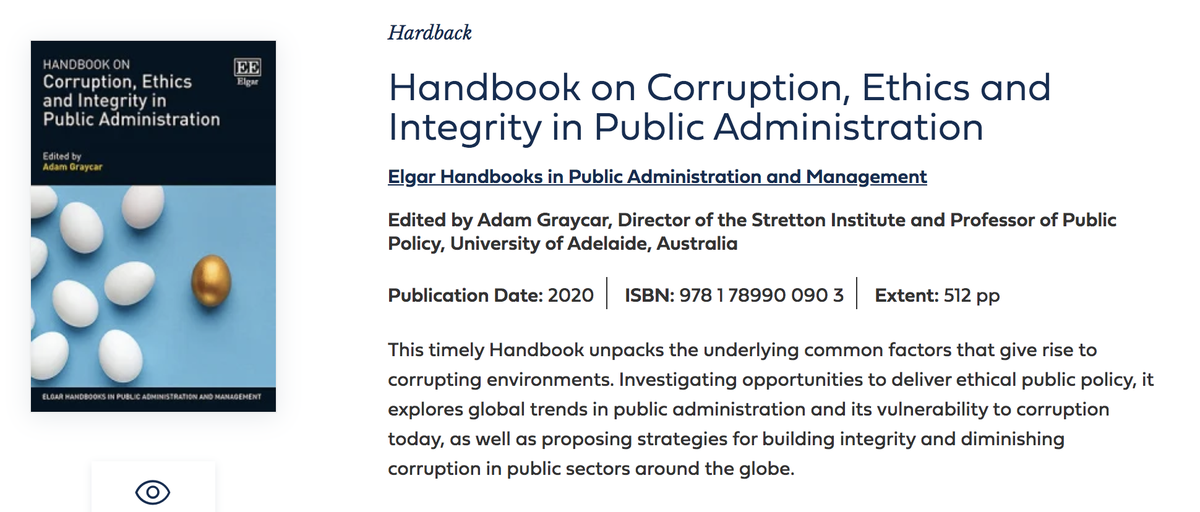 Elgar_Politics's tweet photo. 🆕 #Corruption #Ethics & #Integrity in #PublicAdmin. Edited by @UniofAdelaide's Adam Graycar, chapters by leading experts incl. Leo Huberts @howlettm @KenSmithANZSOG @Prof_Zeger @mariannecamerer + many more
@IntegrityBSG @Sussex_SCSC @CurbingCorruptn
https://t.co/09q9KbMbHF https://t.co/Z56ma5UJyj