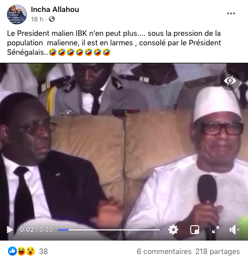 VraiFauxAfrique's tweet photo. #FAKENEWS⬇️
❌ Non, cette vidéo du Président #IBK en larmes n'a pas été filmée lors de la médiation qui a lieu ce jour à #Bamako. Elle date de juillet 2019, lors des obsèques d’Ousmane Tanor Dieng.
@AfricaCheck_Fr rétablit la vérité : https://t.co/B6uMhjiyml
#StopIntoxSahel #Mali https://t.co/YDtPEHyj1A