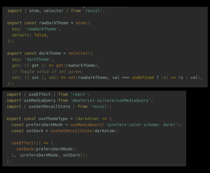 esbblo's tweet image. Using Recoil for small global pieces of state, with custom hook to add some behavior.

This is a small example for getting light/dark theme set from user preference, and then being able to toggle it.

Behold the darkAtom!

#reactjs #recoiljs #webdev #javascript #darkAtom