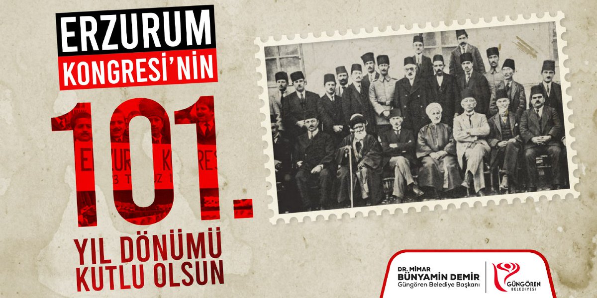 #ErzurumKongresi’nin 101. yıl dönümü kutlu olsun.

Başta Gazi Mustafa Kemal Atatürk olmak üzere milli mücadeleye katılmış tüm şehitlerimizi ve gazilerimizi saygıyla anıyorum.