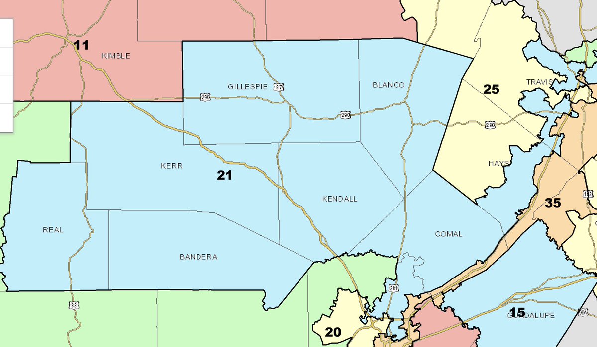 TX-21 is part of 2011’s GOP gerrymander of Travis County (which split the heavily Democratic county into five parts). About 29% of the voting age pop lives in Travis Co, another 32% in Bexar Co.  #txlege