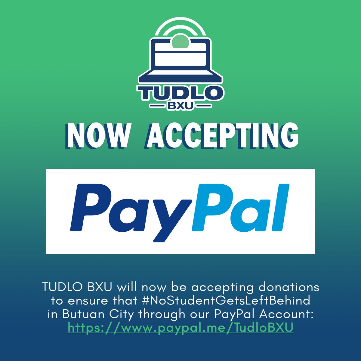 TudloBXU's tweet photo. Madyaw nga Adlaw, Mga Butuanon!
Tudlo BXU will now be accepting PayPal donations to help ensure that #NoChildGetsLeftBehind in Butuan City.
You can now donate for our cause through Paypal Account: https://t.co/5f8QNdykkV https://t.co/MfiAK2UC3l