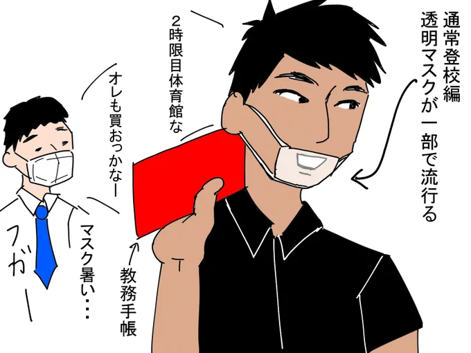 通常登校編。
飛沫防止の透明マスクが一部の教員の間で流行る。 