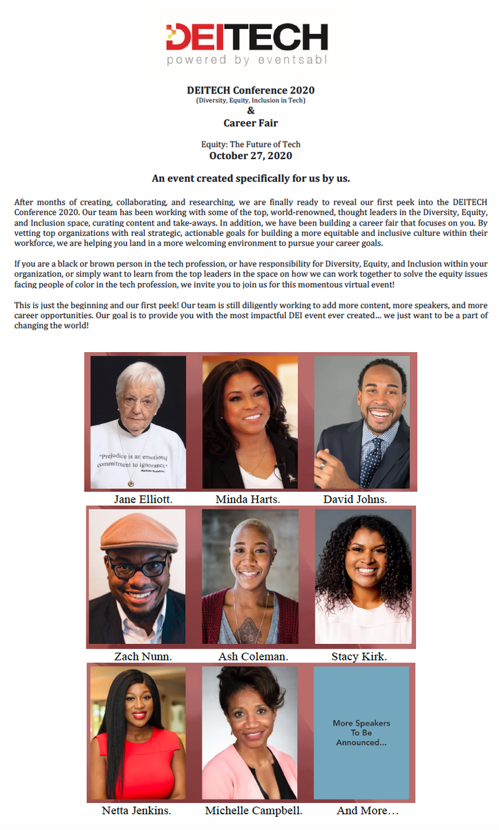 <a href="/BlibriJane/">Jane Elliott</a>  @MindaHarts  <a href="/MrDavidJohns/">Dr. David Johns</a> <a href="/RevNunnWisdom/">Zach</a> @AshColeman30 <a href="/queenofagileqa/">Stacy Kirk</a> @NettaJenkins 

OUR PRE-LAUNCH SITE IS UP!
We are driving the change we want to see in the world!

Please join, like, and share!
20% early-bird discount code- DEITECH20JE

deitechcon.com